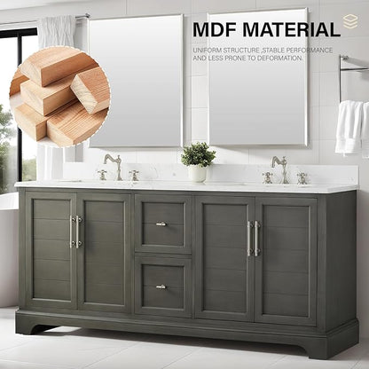 HOMEBEYOND 72 Inch Bathroom Vanity with Double Sink & Ceramic Top, Vanity Cabinet with Center Countertop Basin, Soft-Closing Doors, Backsplash, Sliver Grey