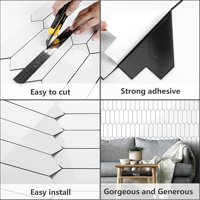 Vamos Tile 1 Sheet Glossy White Backsplash Tile Peel and Stick, 12.8 x 12.8 Inch Long Hexagon PVC Self Adhesive Mosaic Wall Tiles with Dark Gray Grout Stick on Backsplash for Kitchen and Bathroom