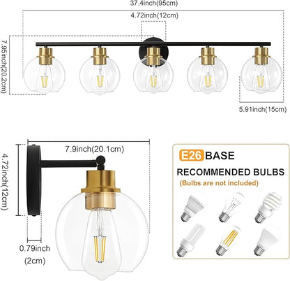 Bathroom Light Fixtures Over Mirror 5-Lights Bathroom Vanity Light with Clear Globe Glass Shade 37.4 inch Modern Black and Gold Vanity Lights Wall Sconce Lighting for Bath
