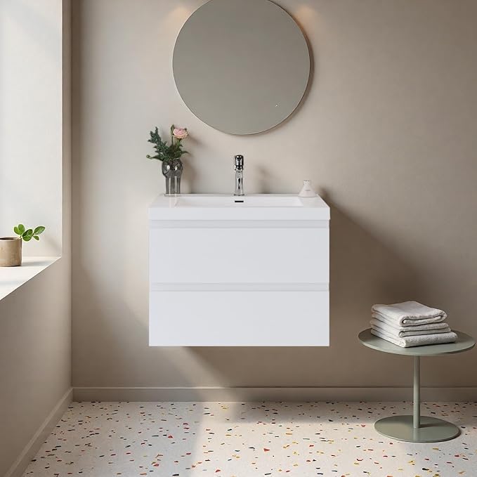 Bathroom Vanity with Sink, 30" Wall-Mounted Bathroom Storage Cabinet with Resin Basin & 2 Soft-Close Drawers, Modern Stylish Floating Vanity with Open Back Design, Easy to Clean, White