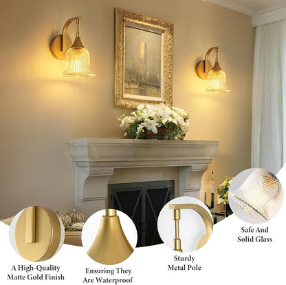 1-Light Gold Wall Sconce, Modern Brass Bathroom Sconces | with Textured Glass Shade, Vintage Wall Lamp for Dining Living Room Bedroom Bathroom Hallway Mirror, E26