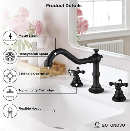 gotonovo Bathroom Faucet 3 Hole 8 Inch Widespread Bathroom Sink Faucet 2 Cross Handles Vintage Lavatory Vanity Mixer Tap with Pop Up Drain, H C Label, Matte Black
