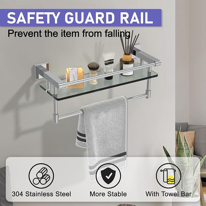 Glass Shelf for Bathroom 16 in Bathroom Shelves with Towel Bar Tempered Glass Shelves with Stainless Steel Towel Holder for Wall (Chrome Polished)