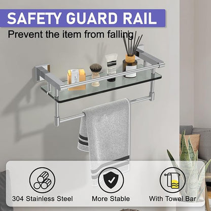 Glass Shelf for Bathroom 16 in Bathroom Shelves with Towel Bar Tempered Glass Shelves with Stainless Steel Towel Holder for Wall (Chrome Polished)