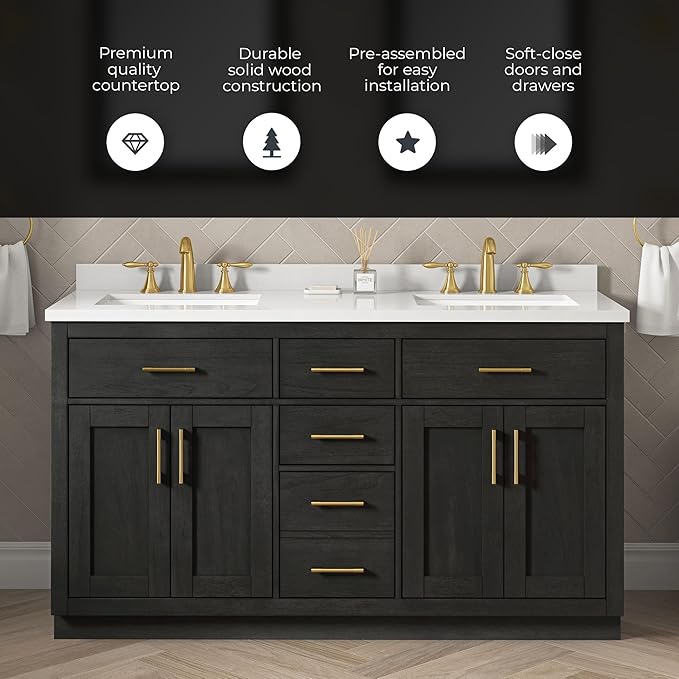 OVE Decors Bailey 60 in. Double Sink Freestanding Matte Black Wood Bathroom Vanity with White Quartz Top, Matching Backsplash and Power Bar