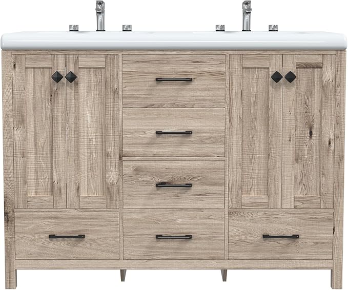 48" Bathroom Vanity with Sink Combo, Modern Bathroom Storage Cabinet with Double Sink Ceramic, 4 Doors and 5 Drawers, Space-Saving Storage Cabinet, Light Gray Wood