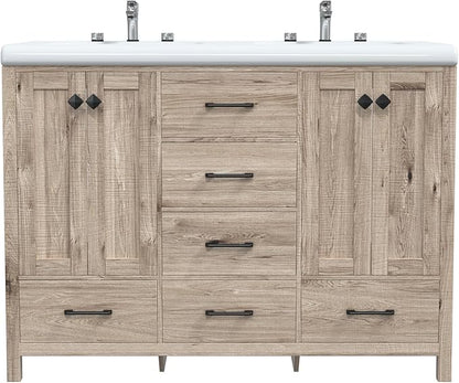 48" Bathroom Vanity with Sink Combo, Modern Bathroom Storage Cabinet with Double Sink Ceramic, 4 Doors and 5 Drawers, Space-Saving Storage Cabinet, Light Gray Wood