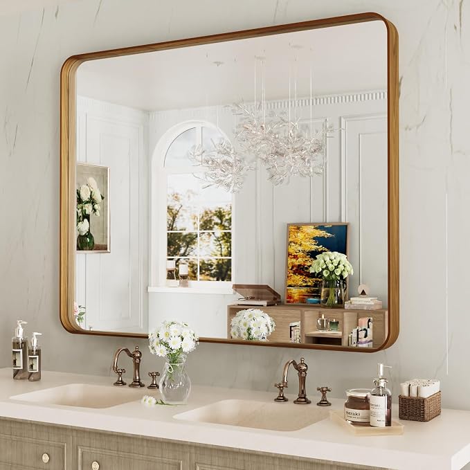 LOAAO 40X30 Inch Bathroom Mirror with Wood Grain Colored Metal Frame | Rounded Rectangle Metal Framed, Anti-Rust, Hangs Horizontally or Vertically, Tempered Glass