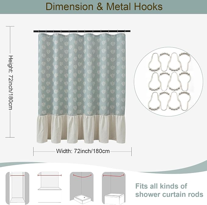 ORTIGIA Linen Textured Ruffle Shower Curtain with Metal Hooks, Blue Vintage Block Print Floral Boho Waterproof Bath Curtain for Rustic Farmhouse Bathroom Decor 72x72 Inch