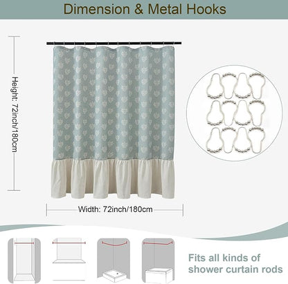 ORTIGIA Linen Textured Ruffle Shower Curtain with Metal Hooks, Blue Vintage Block Print Floral Boho Waterproof Bath Curtain for Rustic Farmhouse Bathroom Decor 72x72 Inch