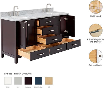 ARIEL Cambridge 66-inch Bathroom Vanity with Sink,Solid Wood, 0.75-inch Italian Carrara Marble Countertop, Double Oval Porcelain Sink, 4 Soft Closing Doors, 6 Dovetail Drawers, Espresso