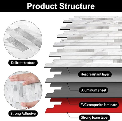 KASARO Peel and Stick Marble Backsplash Tile, 10 Sheets, White Marble with Silver Embellished Stripes, Self-Adhesive Wall Tile for Kitchen, Bathroom, Fireplace, RV (11.4” x 10.6”)