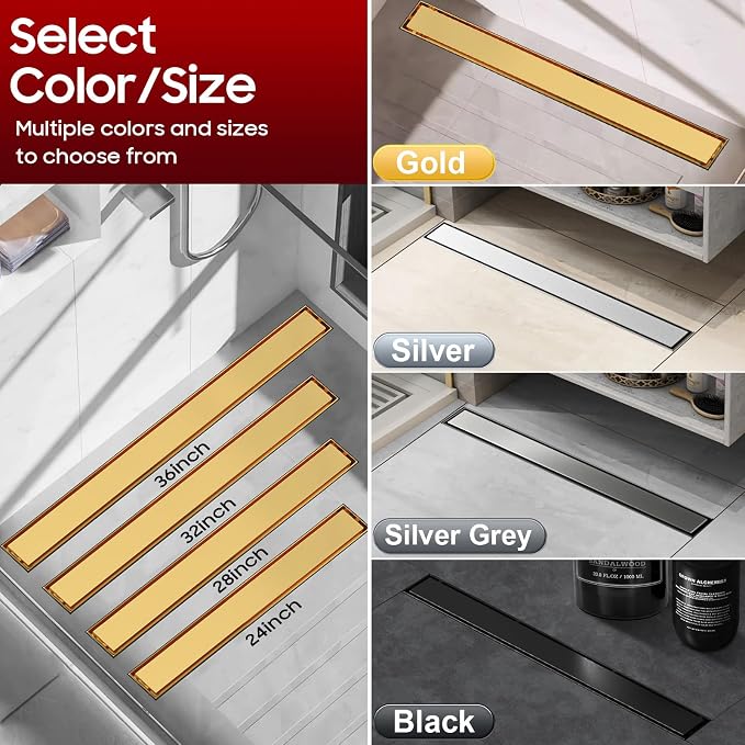 DLONE® Linear Shower Drain - 28 Inch Brushed Gold, with Tile Insert Panel | AISI 304 Stainless Steel Linear Drain, Rectangle Shower Floor Drain, with Adjustable Feet, Fits Bathroom & Balcony etc