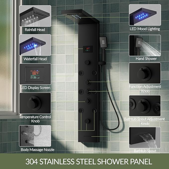 Black Shower Panel Tower System Stainless Steel LED Rainfall Waterfall Shower Head 5-Function Faucet Rain Massage System Wall Mount with 8 Body Jets, Handheld, and Tub Spout