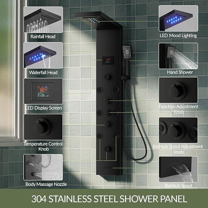 Black Shower Panel Tower System Stainless Steel LED Rainfall Waterfall Shower Head 5-Function Faucet Rain Massage System Wall Mount with 8 Body Jets, Handheld, and Tub Spout