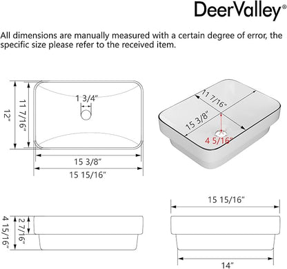 DeerValley Vessel Sink Rectangular, Liberty 15.94"x12.01" White Semi Recessed Bathroom Sink with Black Rim Ceramic Porcelain Rectangle Bathroom Vessel Sink Above Counter Vanity Sink Basin DV-1V0347