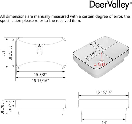 DeerValley Vessel Sink Rectangular, Liberty 15.94"x12.01" White Semi Recessed Bathroom Sink with Black Rim Ceramic Porcelain Rectangle Bathroom Vessel Sink Above Counter Vanity Sink Basin DV-1V0347