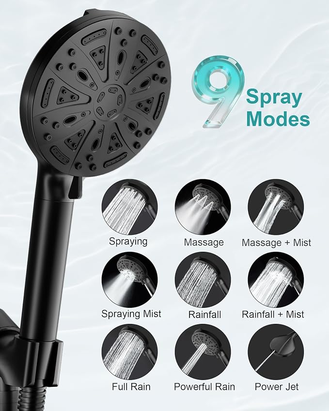 Filtered Handheld Shower Head, 9 Spray Modes High Pressure, 3 Replacement Filters Included, Hard Water Softener 20-Stage Filtration, Remove Chlorine, Relieve Dry Itchy Skin, 3 Filters-Black