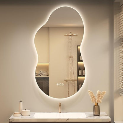 OKPAL Irregular Backlit Bathroom Mirror with Lights 20 x 36, Asymmetrical Cloud Led Lighted Vanity Mirror for Wall, Anit-Fog, Dimmable, Memory Function (Horizontal/Vertical)