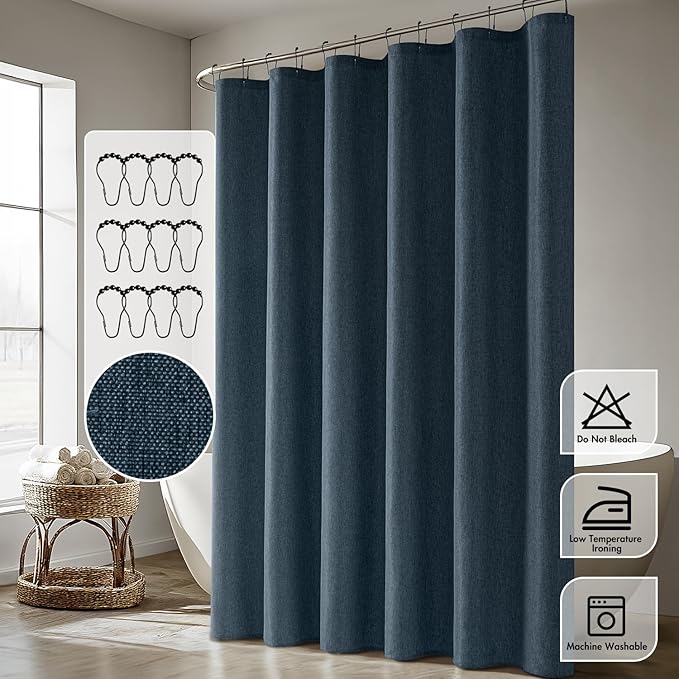 ANRODUO Navy Blue Linen Textured Fabric Shower Curtain Set - W72xL84 | Farmhouse Shower Curtain with 12 Metal Hooks, Waterproof Heavy Duty, Button Hole Design, Machine Washable for Bathroom