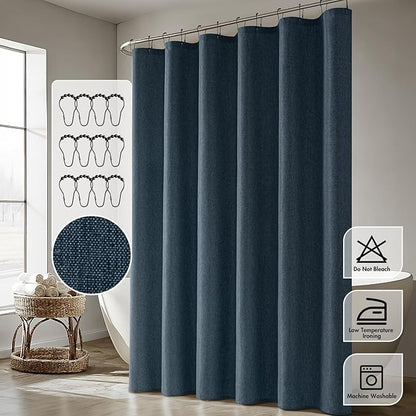 ANRODUO Navy Blue Linen Textured Fabric Shower Curtain Set - W72xL84 | Farmhouse Shower Curtain with 12 Metal Hooks, Waterproof Heavy Duty, Button Hole Design, Machine Washable for Bathroom