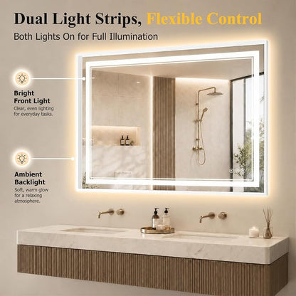 36"x48" LED Bathroom Mirror with Lights, Backlit + Front Lit, Anti-Fog | Lighted Bathroom Mirror with One-Piece Aluminum Alloy Frame, HD Shatterproof Tempered Glass, Dimmable, Memory Function