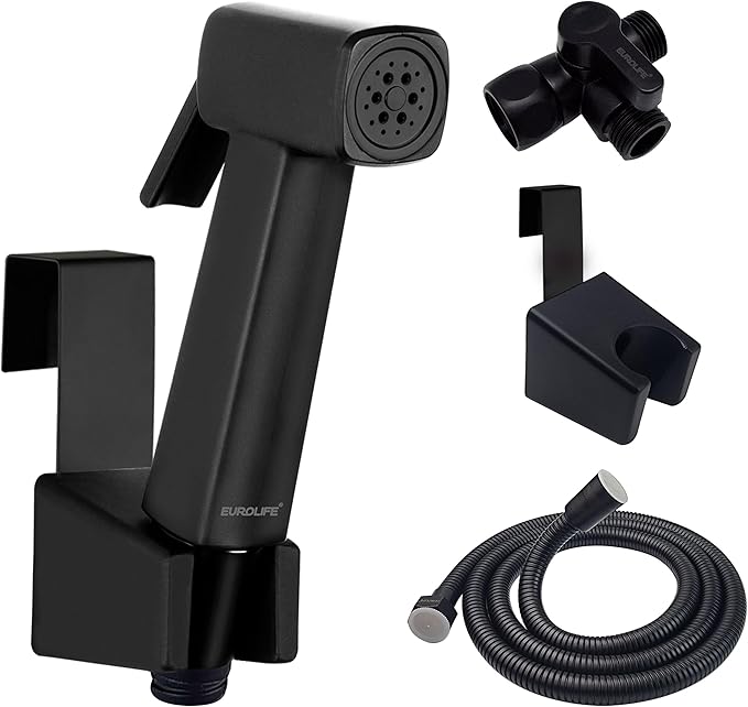 Handheld Bidet Sprayer for Toilet, Lockable Push Button, High Pressure Bathroom Sprayer, Cloth Diaper & Personal Hygiene Sprayer, Tank Mount No-Drill Install, Stainless Hose Set, Black Color