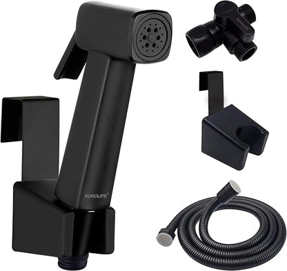 Handheld Bidet Sprayer for Toilet, Lockable Push Button, High Pressure Bathroom Sprayer, Cloth Diaper & Personal Hygiene Sprayer, Tank Mount No-Drill Install, Stainless Hose Set, Black Color