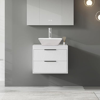 eclife 24" Floating Bathroom Vanities with Sink Combo, Wall Mounted Modern Cabinet W/Diamond Line Pattern Design, White Square Ceramic Vessel Sink W/Water Save Faucet & Pop Up Drain, White