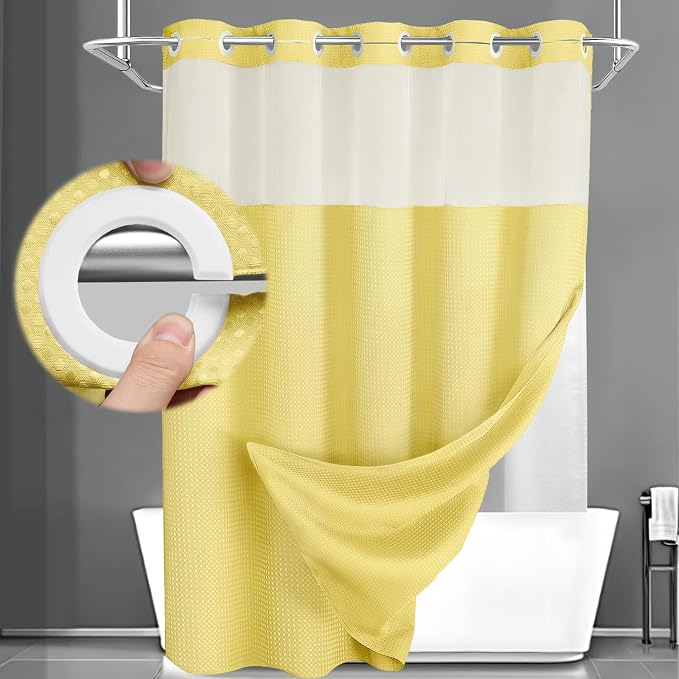 No Hook Shower Curtain with Liner Set Hotel Waffle Curtain Yellow 72W X 75L | Washable Snap in Fabric Liner, Mesh Top Window, Waffle Hotel Style Shower Curtain Set
