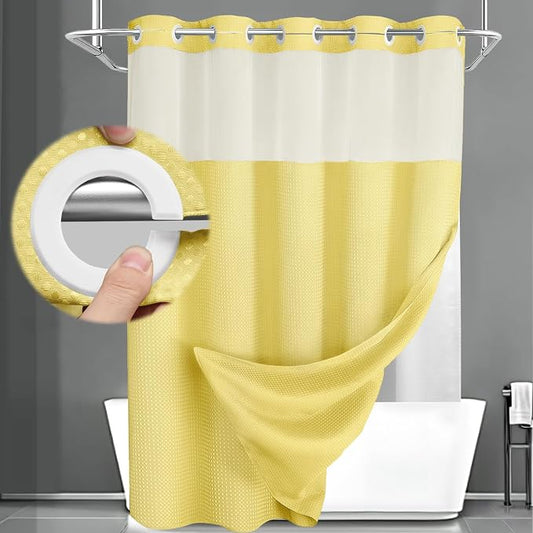 No Hook Shower Curtain with Liner Set Hotel Waffle Curtain Yellow 72W X 75L | Washable Snap in Fabric Liner, Mesh Top Window, Waffle Hotel Style Shower Curtain Set
