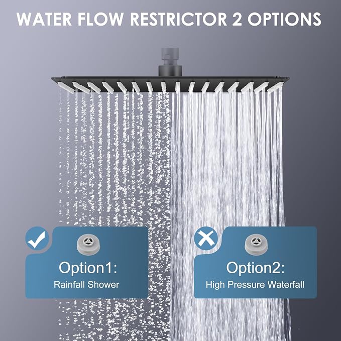 16 inch Matte Black Large Rain Shower Head - All Metal 304 Stainless Steel, Full Body Rainfall Shower with 324 Silicone Nozzles - Waterfall Bathroom Square Showerheads, Ceiling Mounted