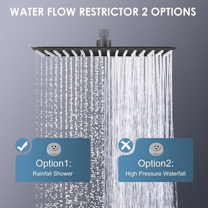 16 inch Matte Black Large Rain Shower Head - All Metal 304 Stainless Steel, Full Body Rainfall Shower with 324 Silicone Nozzles - Waterfall Bathroom Square Showerheads, Ceiling Mounted