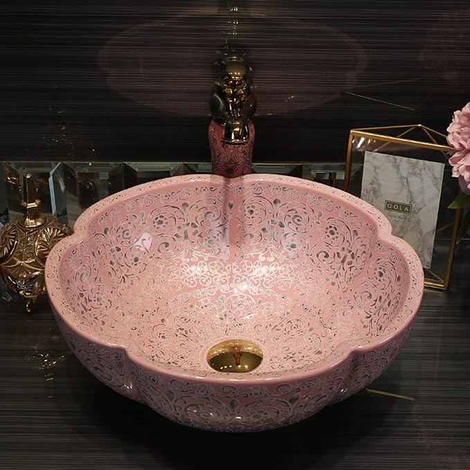 Bathroom Vessel Sinks Art Vintage Style Pink Flower Ceramic Above Counter Sink For Vanity Top