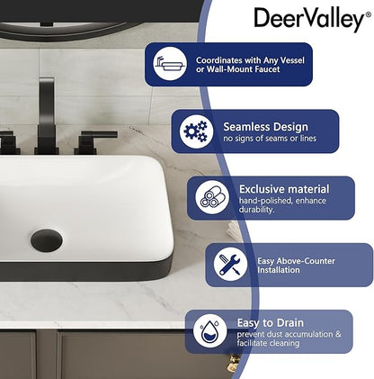 DeerValley Black and White Contrast Rectangle Vessel Sink 18.9x11.61 Inch, Semi-Recessed Ceramic Bathroom Basin with Modern Two-Tone Design