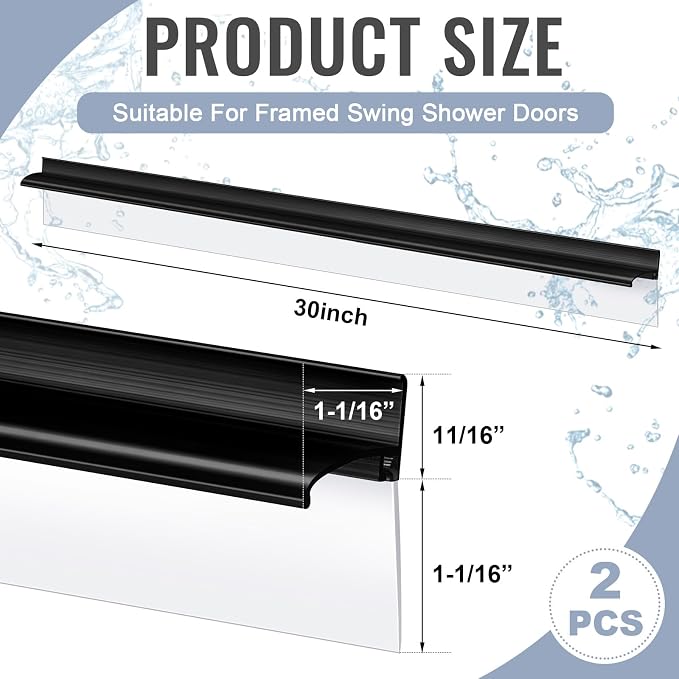 Hicarer 2 Pcs 30'' Chrome Framed Shower Door Replacement Drip Rail with Vinyl Sweep, Shower Door Water Deflector with Bottom Seal, Applied Mounting Tape and Screws(Black)