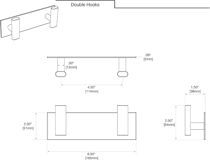 Gatco 1283MX Elevate 2 Hook Double Robe Hook, Wall Mounted Hook for Bathroom Towels & Robes, 6.5 Inch W x 2.5 Inch H, Matte Black, Premium Brass