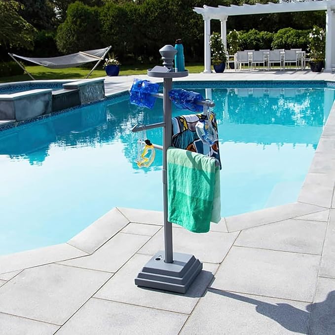 Swimline HYDROTOOLS 89033 Premium Free Standing Poolside Valet Towel Rack Adjustable with Water Weighted Base Three Arms Secure Clips for Outdoors & Indoors Pool Patio Poolside Holder Drying Stand | Holds towels plus goggles and gear on integrated lock...