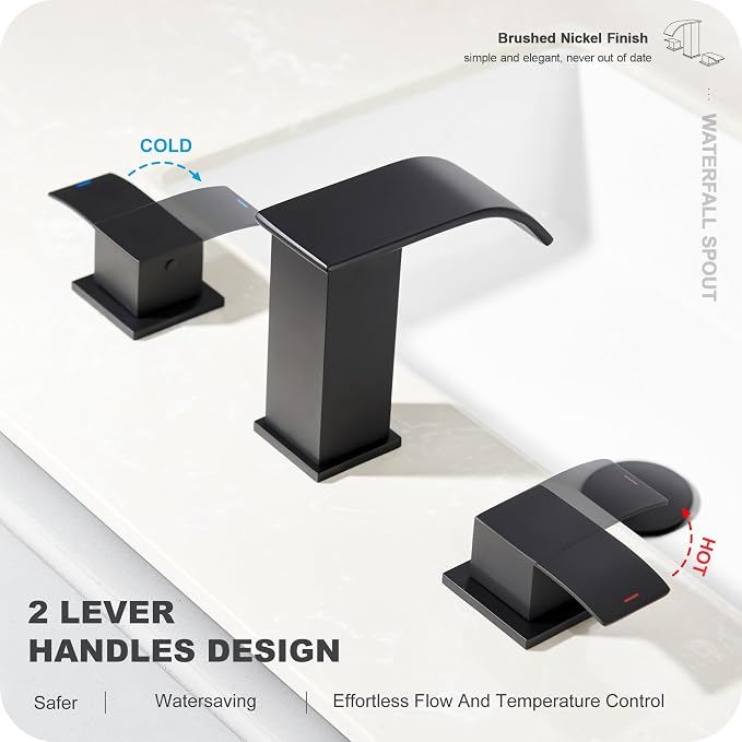 8 Inch Waterfall Bathroom Faucets - 3 Hole Widespread Bathroom Faucet with Pop-up Drain, Bathroom Sink Faucet, Modern Vanity Sink faucets with Supply Lines, Matte Black, JJL-3JT-PB-B-DXS-X