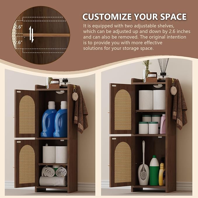 Arbuxzuy Rattan Bathroom Storage Cabinet with 2 Doors and Adjustable Shelf | Brown Corner Floor Cabinet, Narrow Toilet Paper Cabinets with 2Hooks,Toilet Organizer for Small Spaces, 7.87"D*9.84"W*29.72"H
