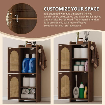 Arbuxzuy Rattan Bathroom Storage Cabinet with 2 Doors and Adjustable Shelf | Brown Corner Floor Cabinet, Narrow Toilet Paper Cabinets with 2Hooks,Toilet Organizer for Small Spaces, 7.87"D*9.84"W*29.72"H