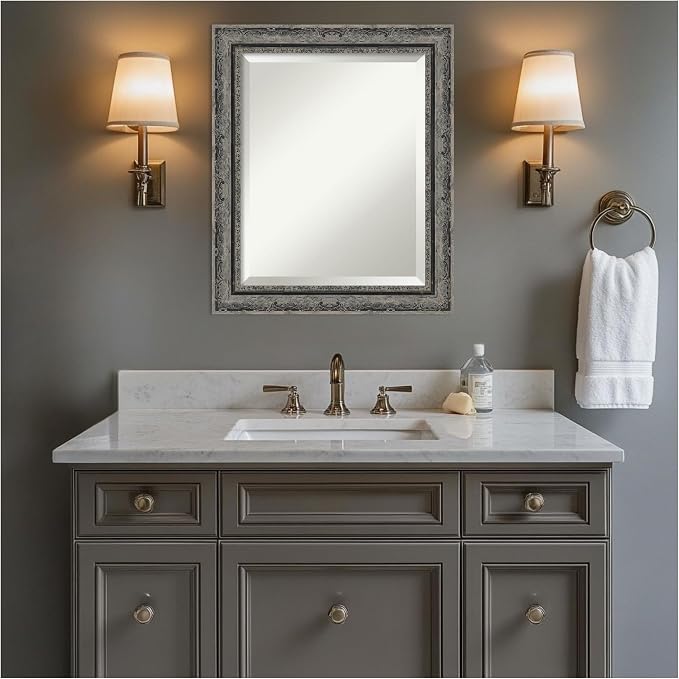 Amanti Art Black Bathroom Mirror for Over Sink, 24x20 Filigree Matte Black Rectangle Vanity Mirror, Small Traditional Frame, Hangs Horizonally and Vertically, Bathroom Wall Decor, Beveled Edge