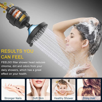 FEELSO Shower Head with Shower Filter, Filtered Shower Head for Hard Water | High Pressure, Anti-clog Nozzles, 5 Spray Showerhead, 15 Stage Water Softener Filters, Remove Chlorine and Harmful Substances