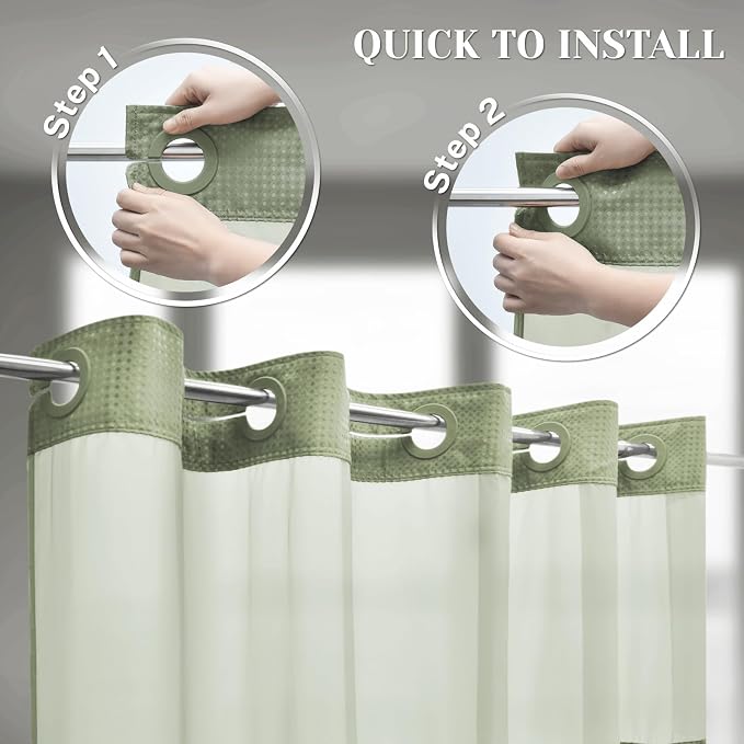 SORTTO No Hook Shower Curtain with Snap in Liner Set Waffle Shower Curtain for Bathroom Hotel Style Fabric Waterproof Inner Liner，54" W x 80" H, Sage Green