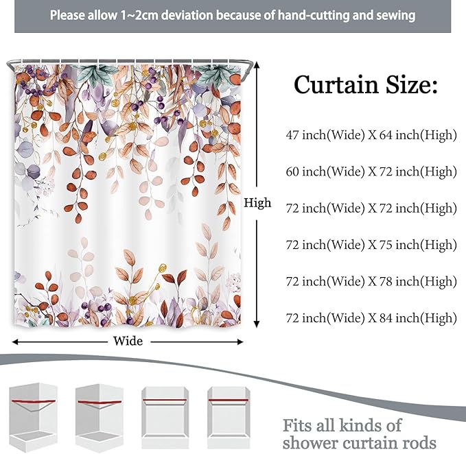 Orange Eucalyptus Shower Curtain, Watercolor Botanical Foliage Floral Terracotta Color Bathroom Curtains, Plants Leaves Waterproof Fabric Cloth Shower Curtain Set with Hooks 72X75 Inch