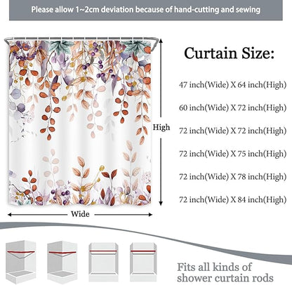 Extra Long Eucalyptus Shower Curtain 72X84 Inch, Orange Terracotta Color Watercolor Plants Leaves Tall Bathroom Curtains, Botanical Waterproof Fabric Cloth Shower Curtain Set with Hooks