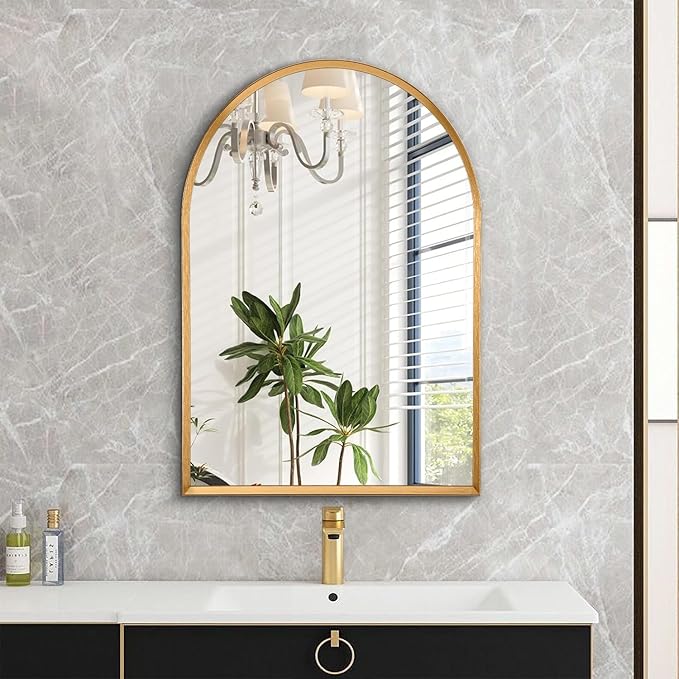 Arched Mirrors for Wall, White Bathroom Mirror Brushed Metal Vanity Wall Mounted Mirror for LivingRoom Bedroom Entryway Room Vanity Home Decor 26"x18"