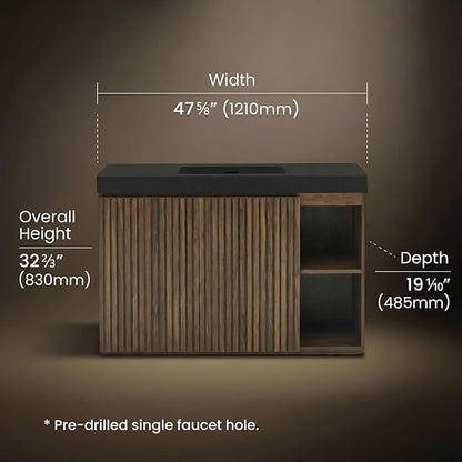 48" Bathroom Vanity with Sink Combo, Mid Century Modern Bathroom Cabinet with Doors & Open Shelf, Matte Black Integrated Sink with Overflow, Brown Walnut