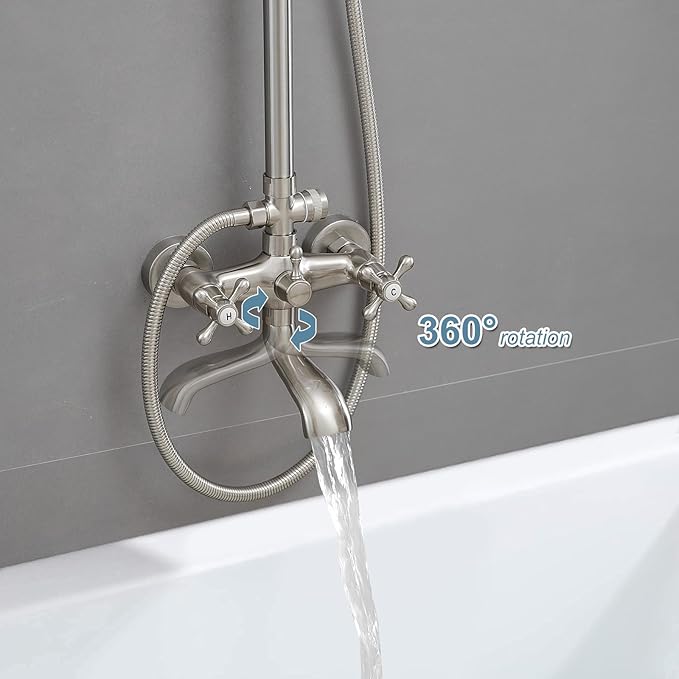 BWE Exposed Bathroom Shower Faucet Set Brushed Nickel Bathroom Shower Faucet Triple Functions 8 Inch Rainfall Shower Head Handheld Spray with Tub Spout Exposed Shower System Double Handle