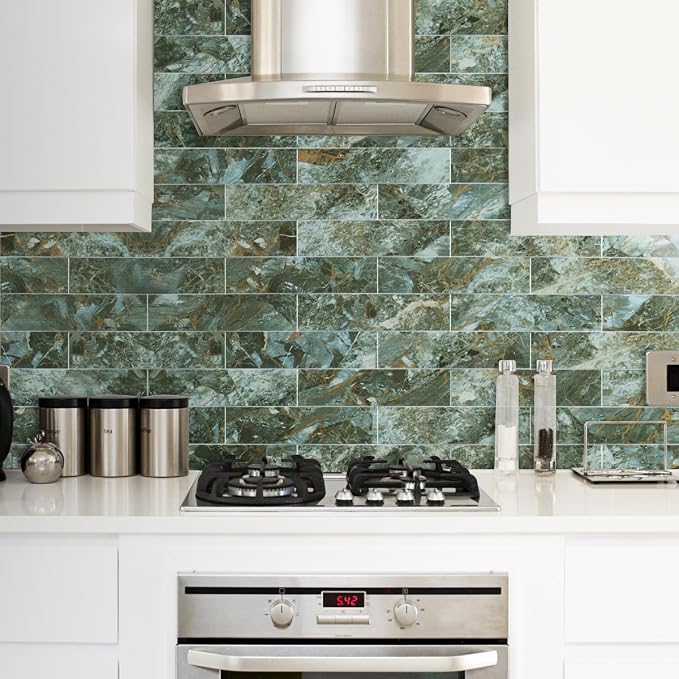 AULIGET 40-Piece Polished Green Marble with Gold Peel and Stick Backsplash Wall Tiles, 3" x 12" PVC Faux Stone Stick on Tiles for Backsplash Kitchen, Bathroom, Laundry Room, Camper, Fireplace